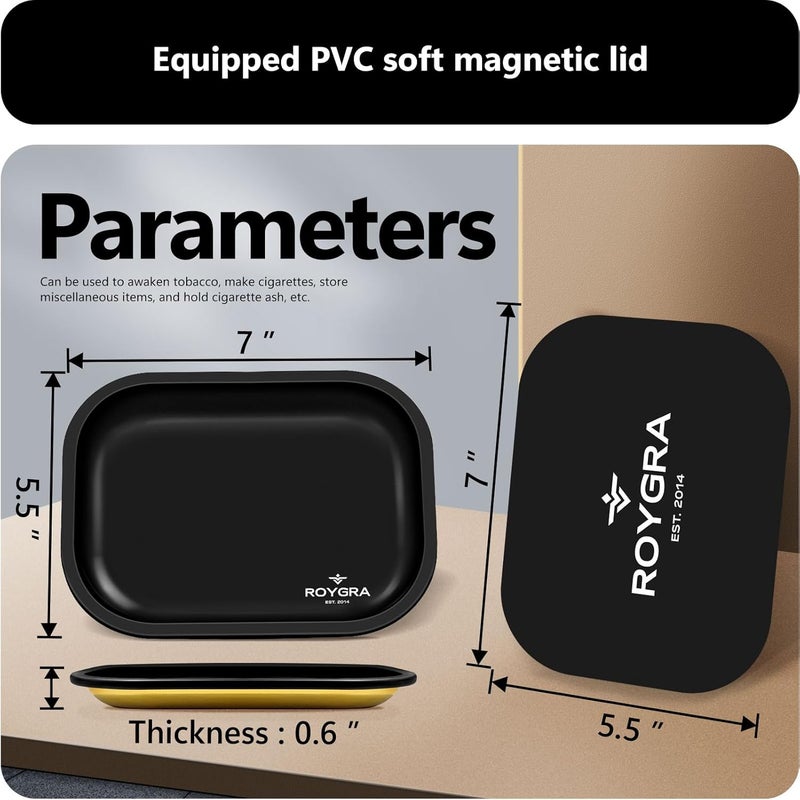 roygra Rolling Tray with Magnetic Lid Set, Small Metal Tray with Lid, Cigarette Pre Roll Smoking Accessories, Portable Smell Proof Rolling Trays for Smokers, Home Table Decor, 7 x 5.5 inch - Blue - Image 3